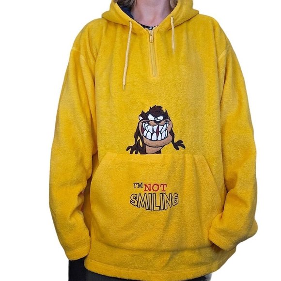 90s Looney Tunes Taz Graphic Hoodie Fleece Hooded Sweatshirt Quarter Zip 2X - Picture 1 of 9
